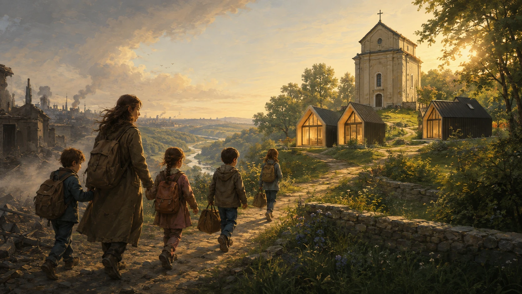 Artistic visualisation of children and a mother leaving a war-torn place and walking toward Green Harbor