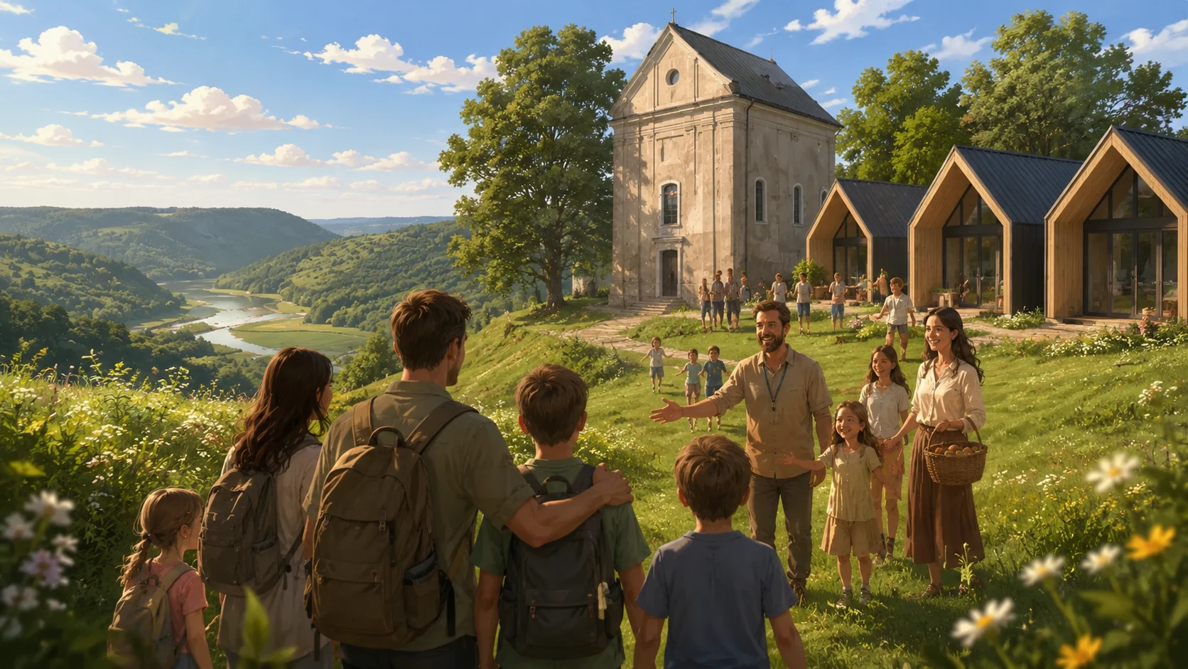 Artistic visualisation of children and families being welcomed at Green Harbor near the church and cabins